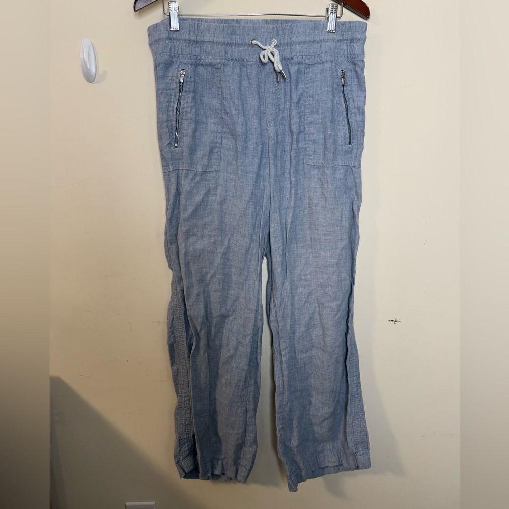 Athleta Cabo Linen Wide Leg Pant in Chambray Blue 12 Beach Vacation Resort
